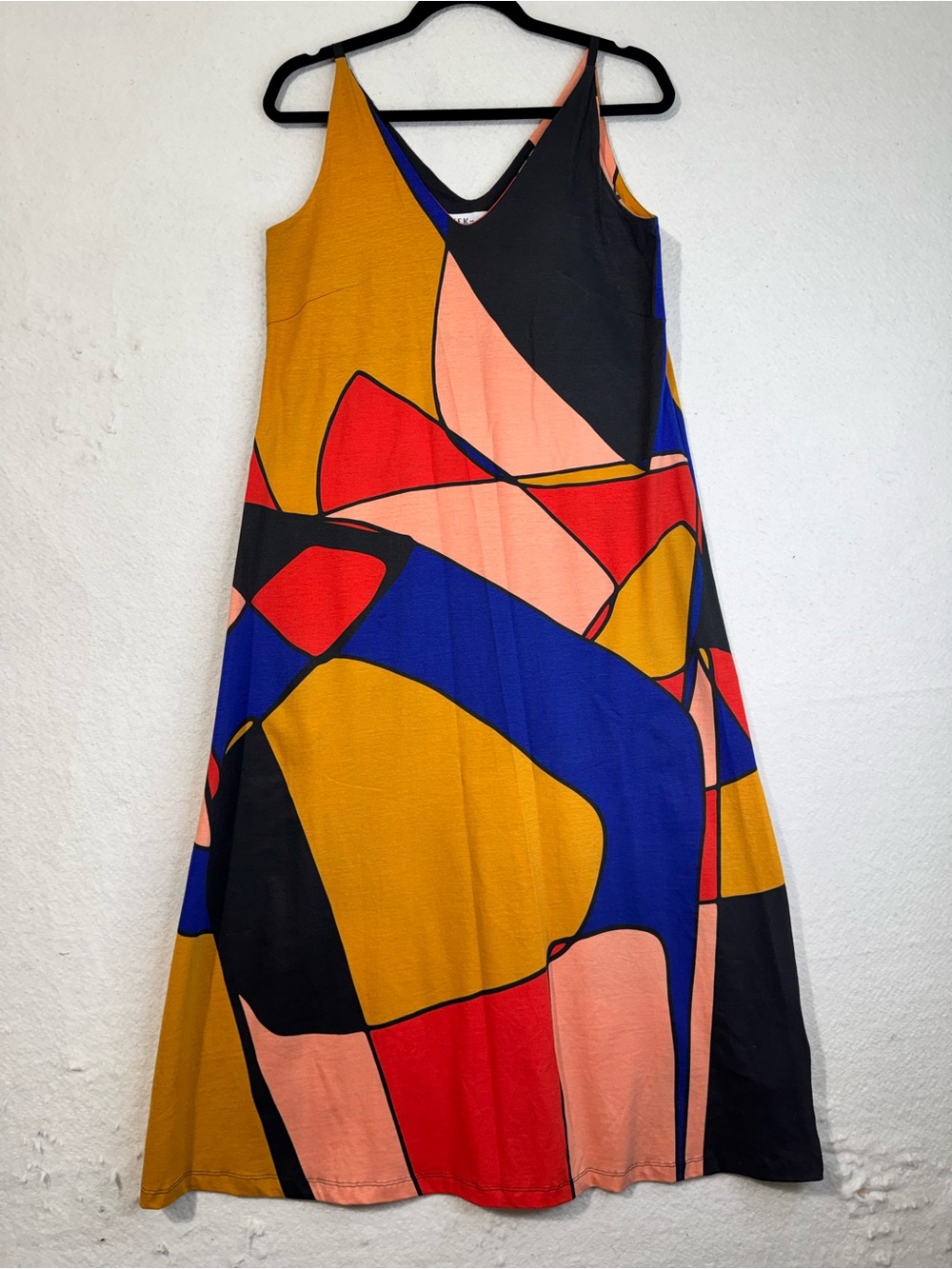 SKFK Martina-Gots Abstract Patches Slip Organic Dress Mustard Blue & Coral Sz 8